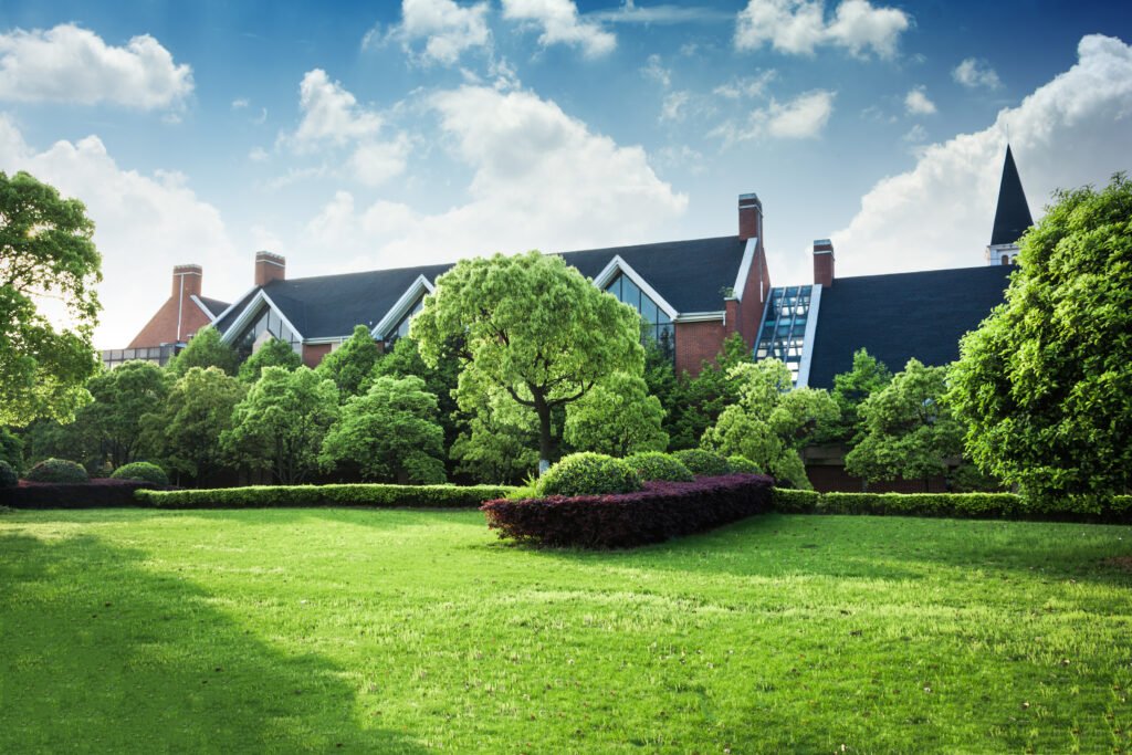 beautiful modern house in cement, view from the garden.