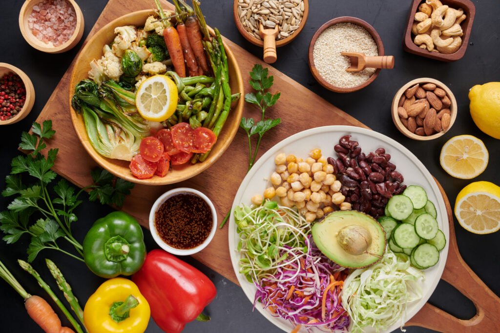 vegan protein source. buddha bowl dish, avocado, pepper, tomato,