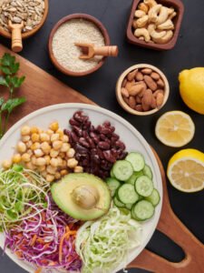 vegan protein source. buddha bowl dish, avocado, pepper, tomato,