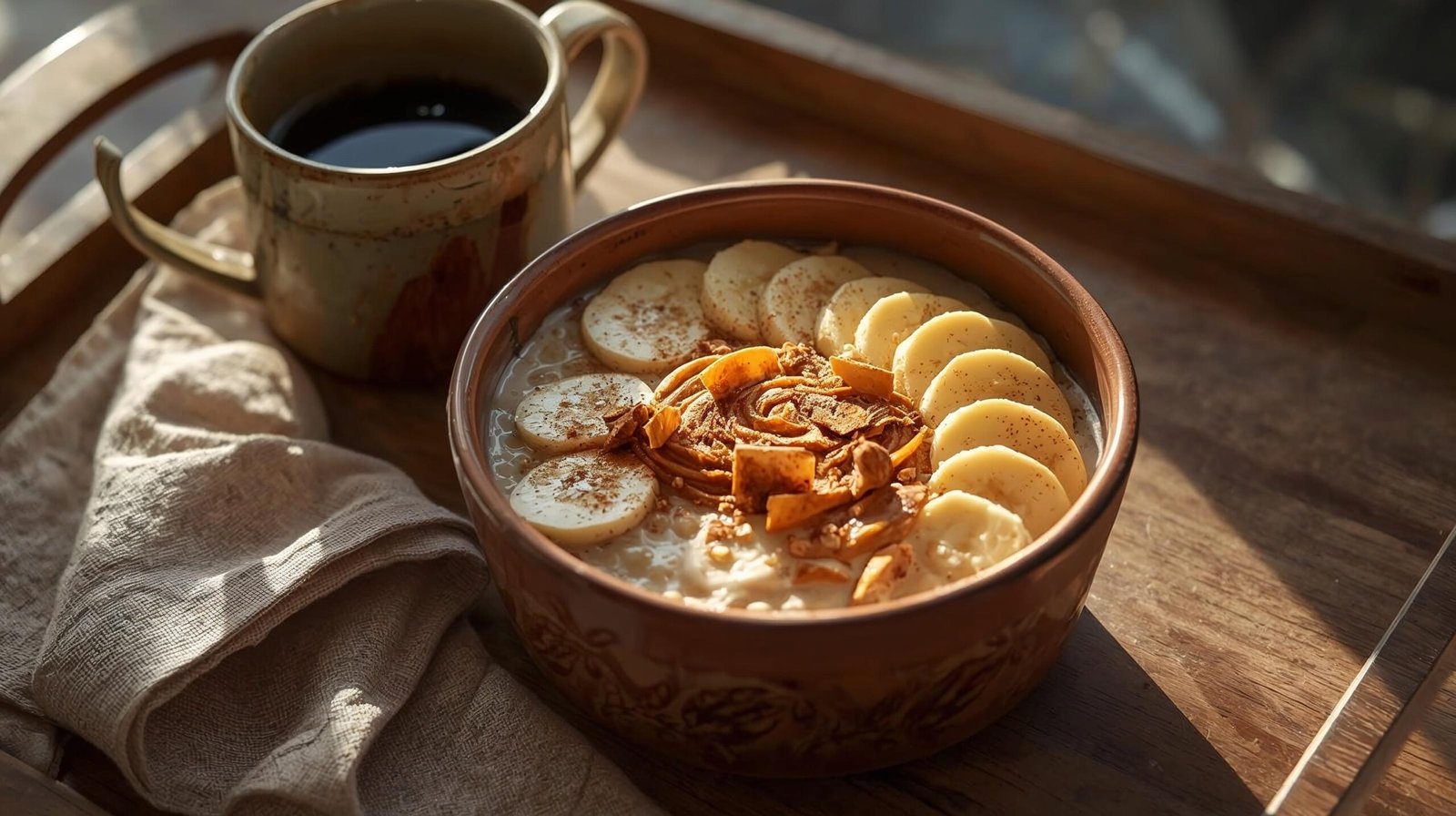 “Creamy oatmeal topped with banana slices, almond butter, and cinnamon — healthy and energizing breakfast.”