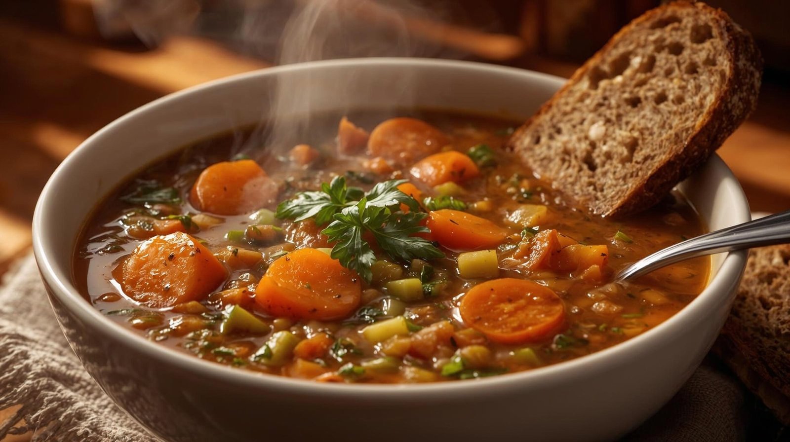 “Warm bowl of lentil soup with carrots, celery, and spices — fiber-rich, plant-based comfort food.”