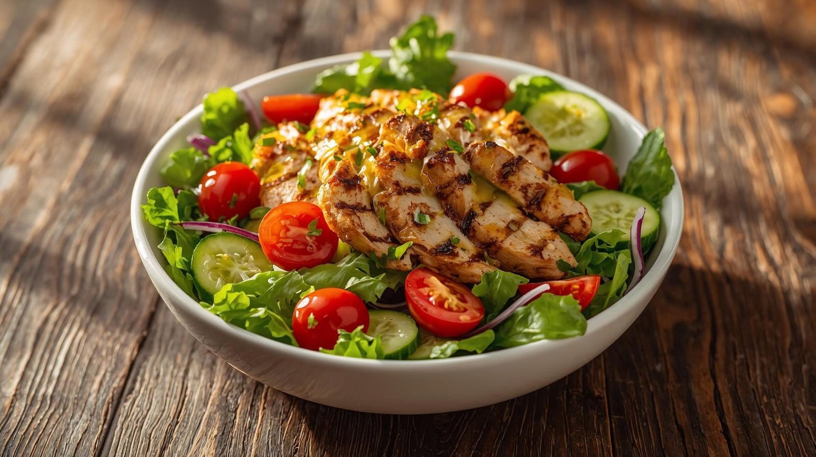 “Grilled chicken breast on a bed of mixed greens, cucumber, and cherry tomatoes with lemon-olive oil dressing.”