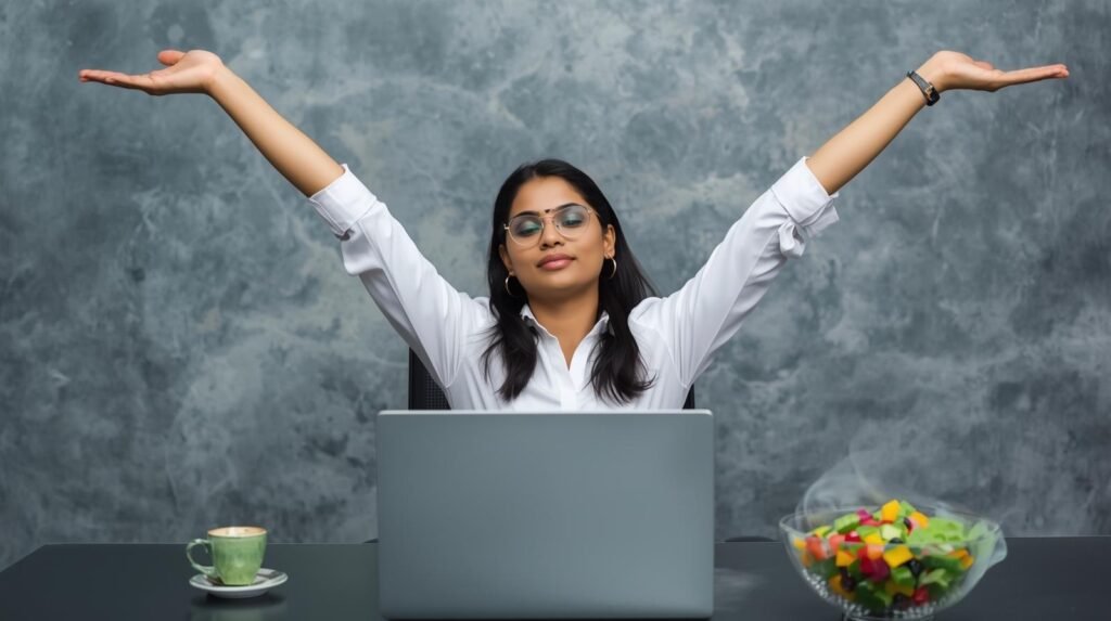 A professional at a desk stretching arms, green tea cup beside a laptop, a colorful salad bowl.