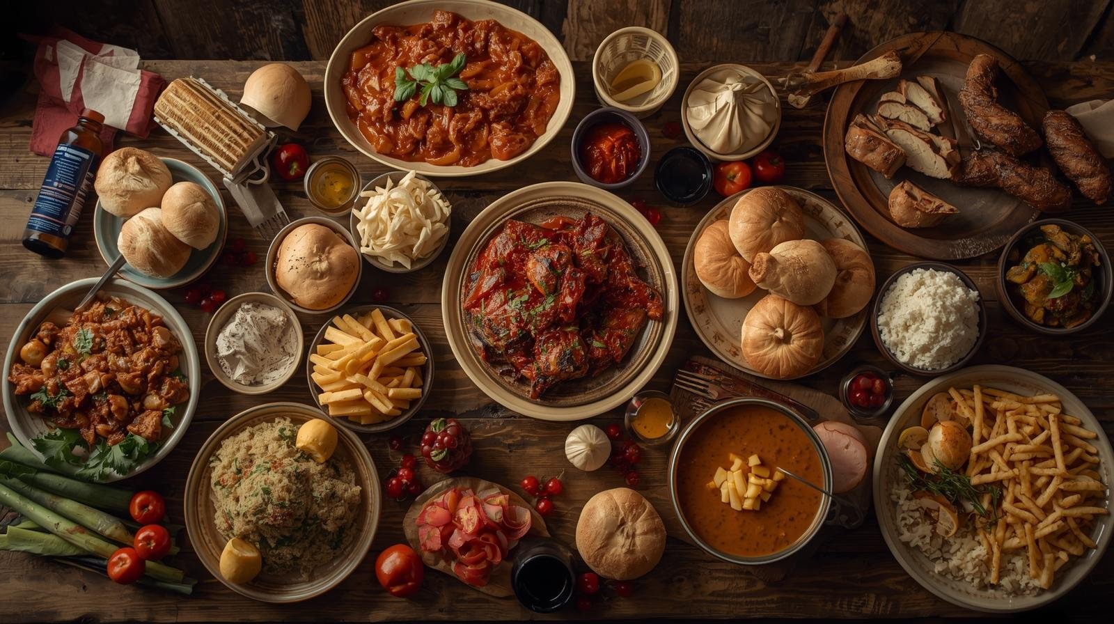 “A rustic table set with traditional American regional foods from Northeast, South, Midwest, and West regions, vintage farm kitchen lighting”
