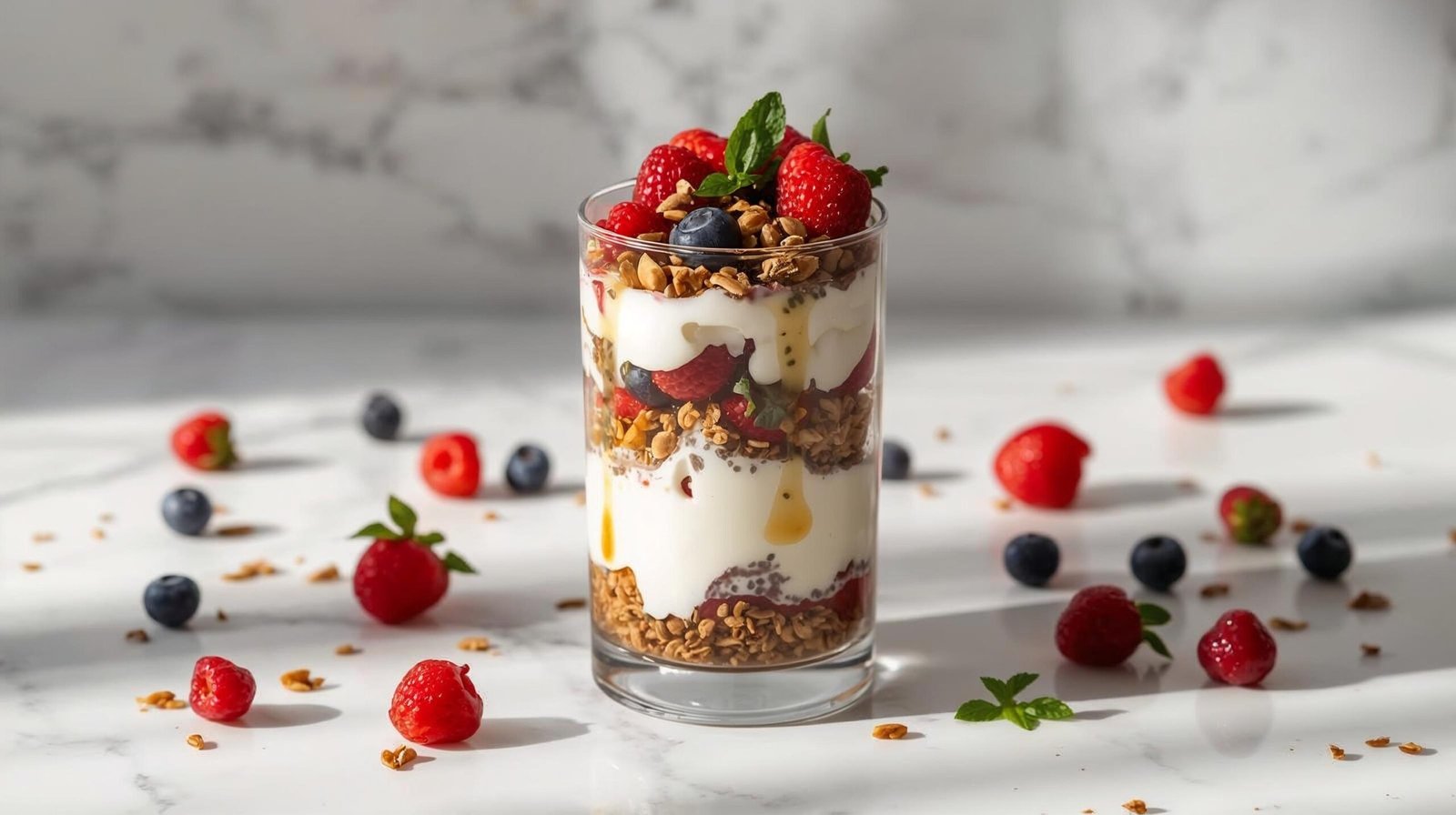 “Layered Greek yogurt parfait with blueberries, strawberries, chia seeds, and granola — protein-rich breakfast or snack.”