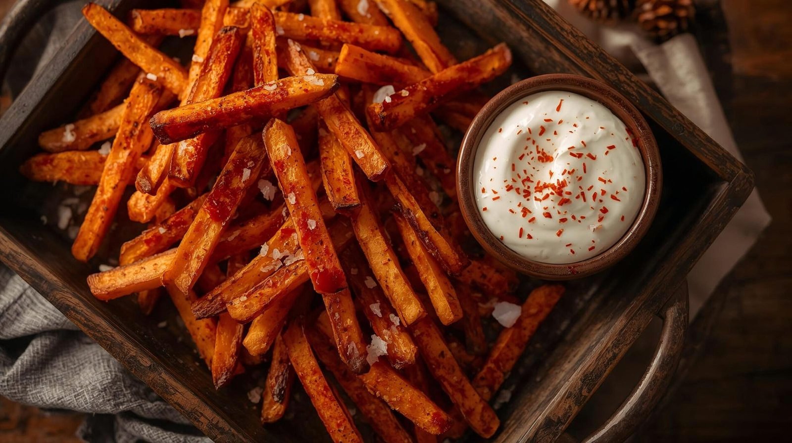“Crispy baked sweet potato fries seasoned with olive oil and paprika — healthy snack or side dish.”
