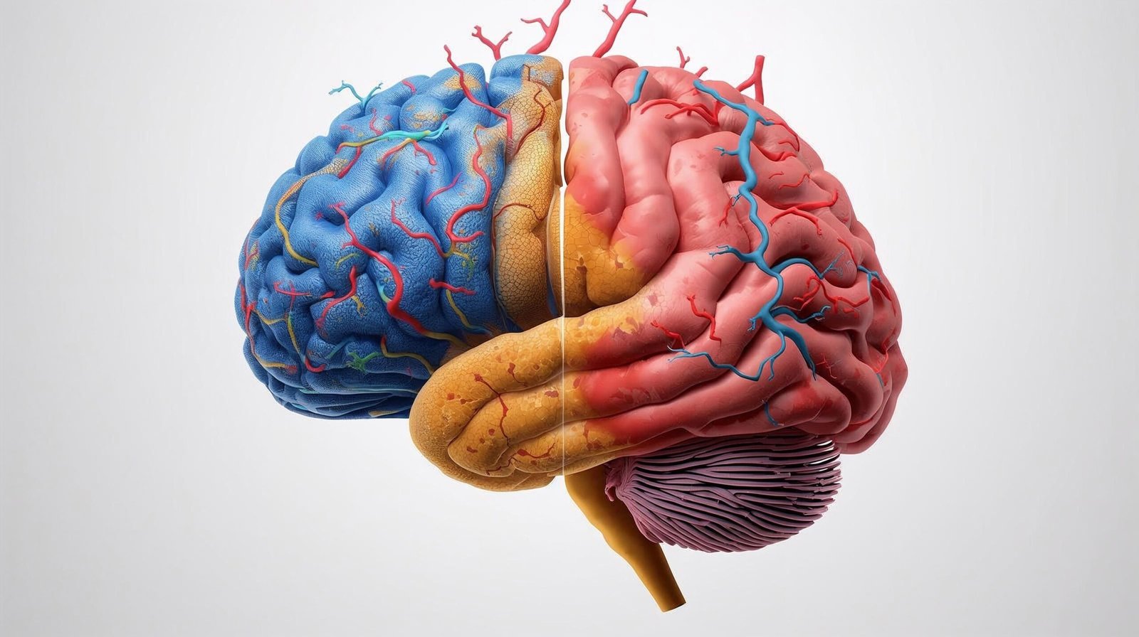 Brain graphic split healthy and affected by stroke.