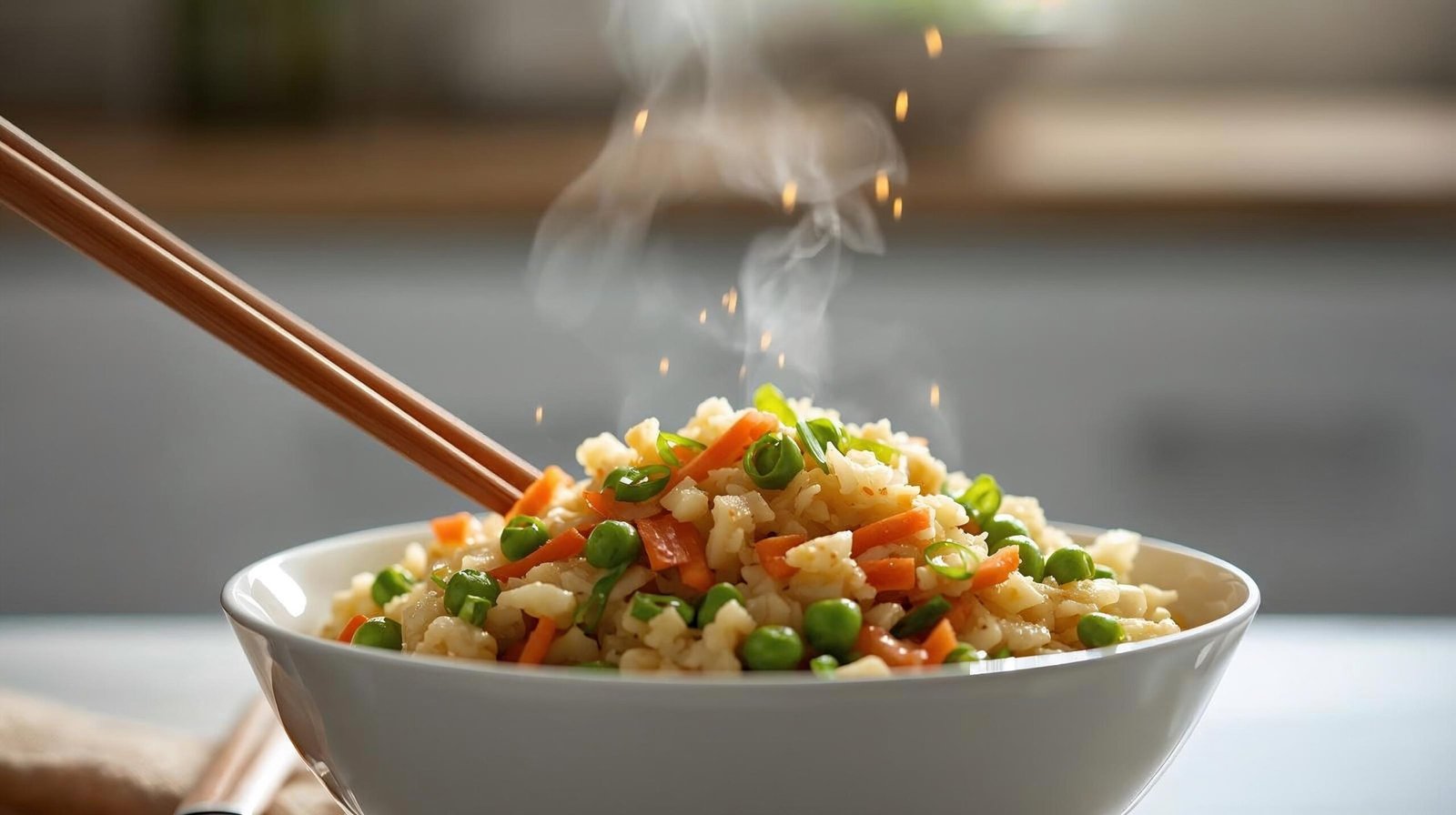 “Healthy cauliflower fried rice with peas, carrots, and scrambled egg — low-carb, gluten-free dinner option.”