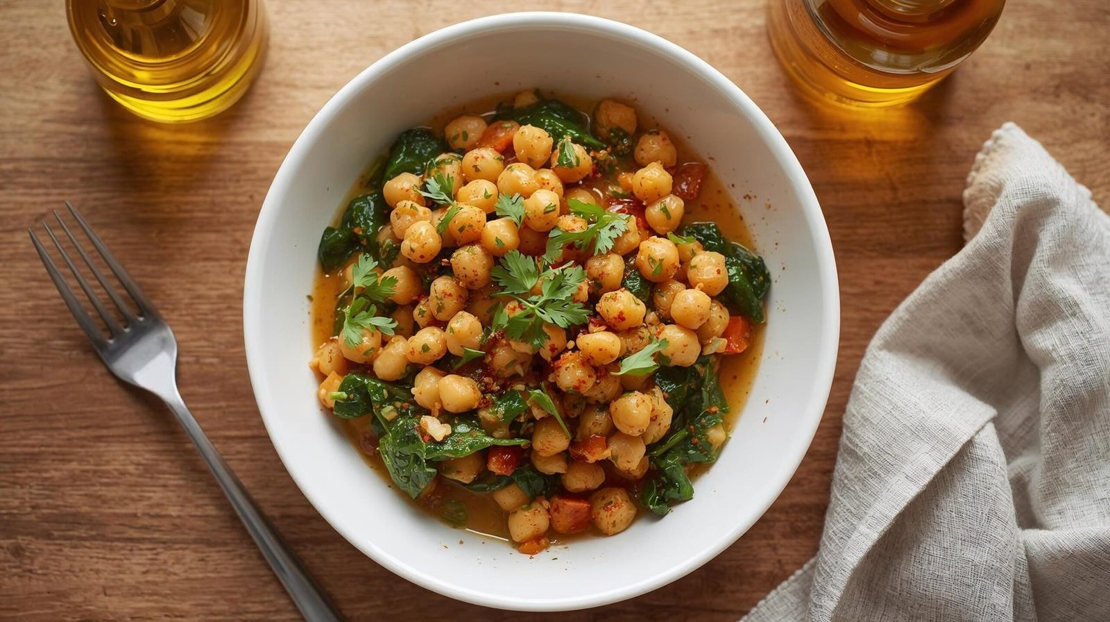 “Stir-fried chickpeas with spinach, garlic, and spices served in a bowl — easy vegan protein meal.”