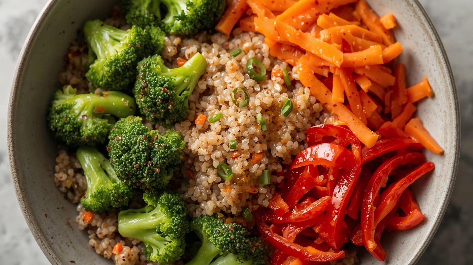 “Bowl of cooked quinoa with steamed broccoli, carrots, and bell peppers drizzled with olive oil — nutritious plant-based meal.”