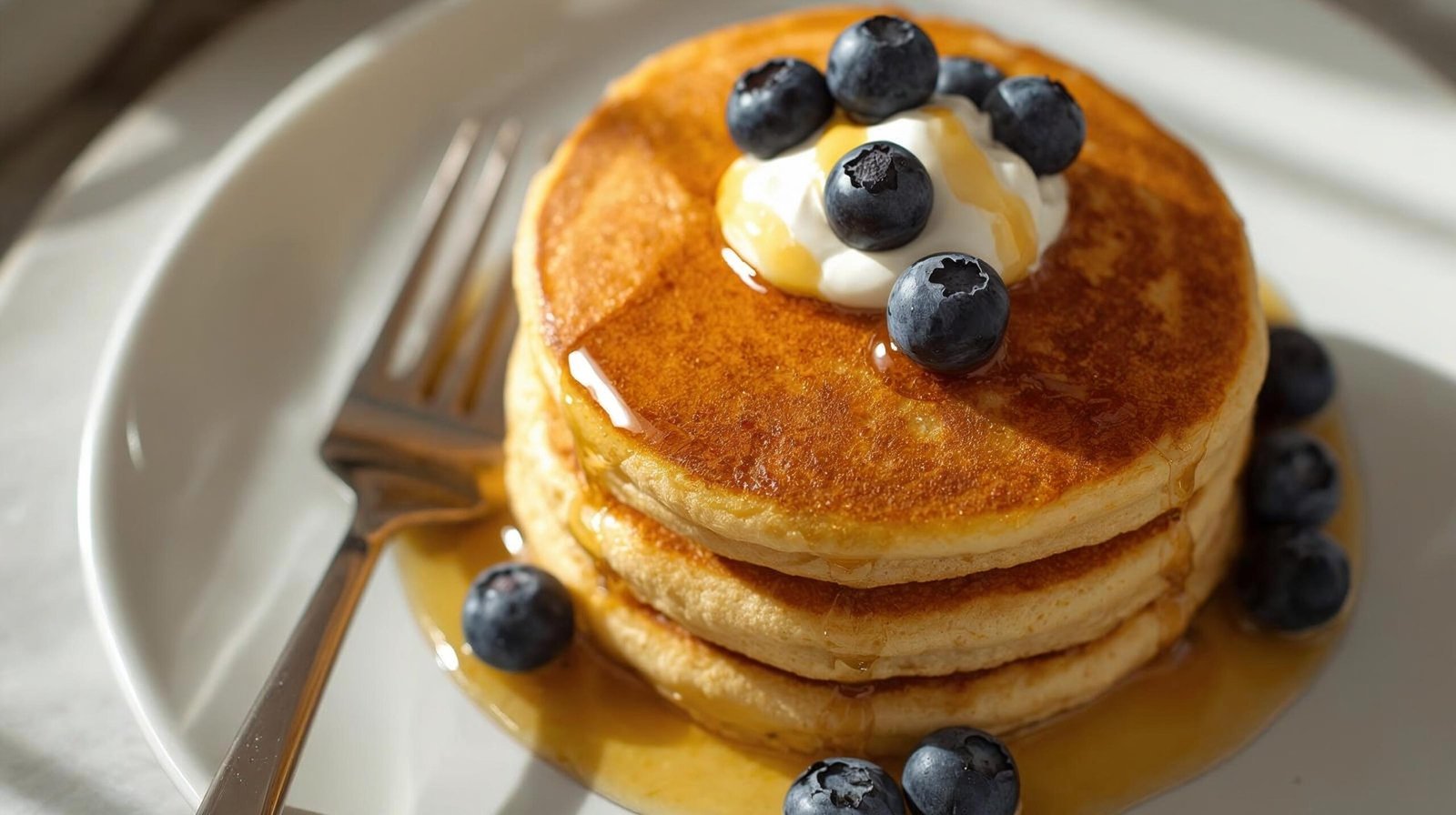 “Stack of golden cottage cheese protein pancakes topped with fresh berries and honey — high-protein breakfast treat.”