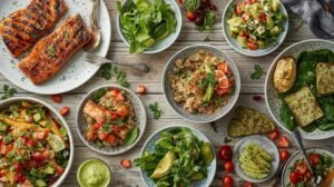“Colorful flat lay of healthy diet foods including grilled salmon, quinoa bowl, avocado toast, smoothie bowl, and fresh vegetables on a wooden table — representing easy-to-cook nutritious meals for a healthy lifestyle in the USA.”