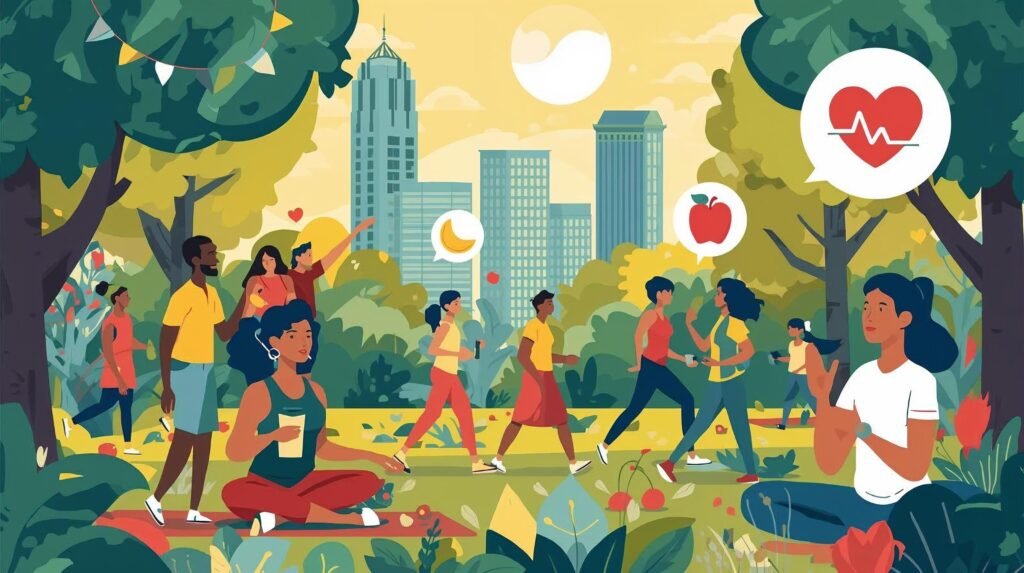 Illustration of diverse Americans engaging in healthy activities like walking, yoga, eating fruits and vegetables, set in a sunny urban park, with icons of heart, apple, and stethoscope in a modern flat design style, high resolution, vibrant colors, uplifting mood