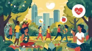 Illustration of diverse Americans engaging in healthy activities like walking, yoga, eating fruits and vegetables, set in a sunny urban park, with icons of heart, apple, and stethoscope in a modern flat design style, high resolution, vibrant colors, uplifting mood