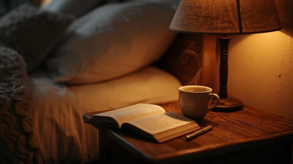 Cozy bedroom with soft lighting, a cup of herbal tea on a nightstand, an open journal beside the bed.