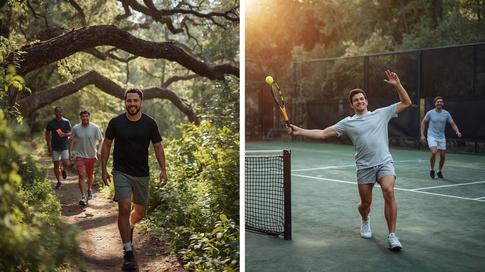 Friends enjoying active social activities like hiking or sports.