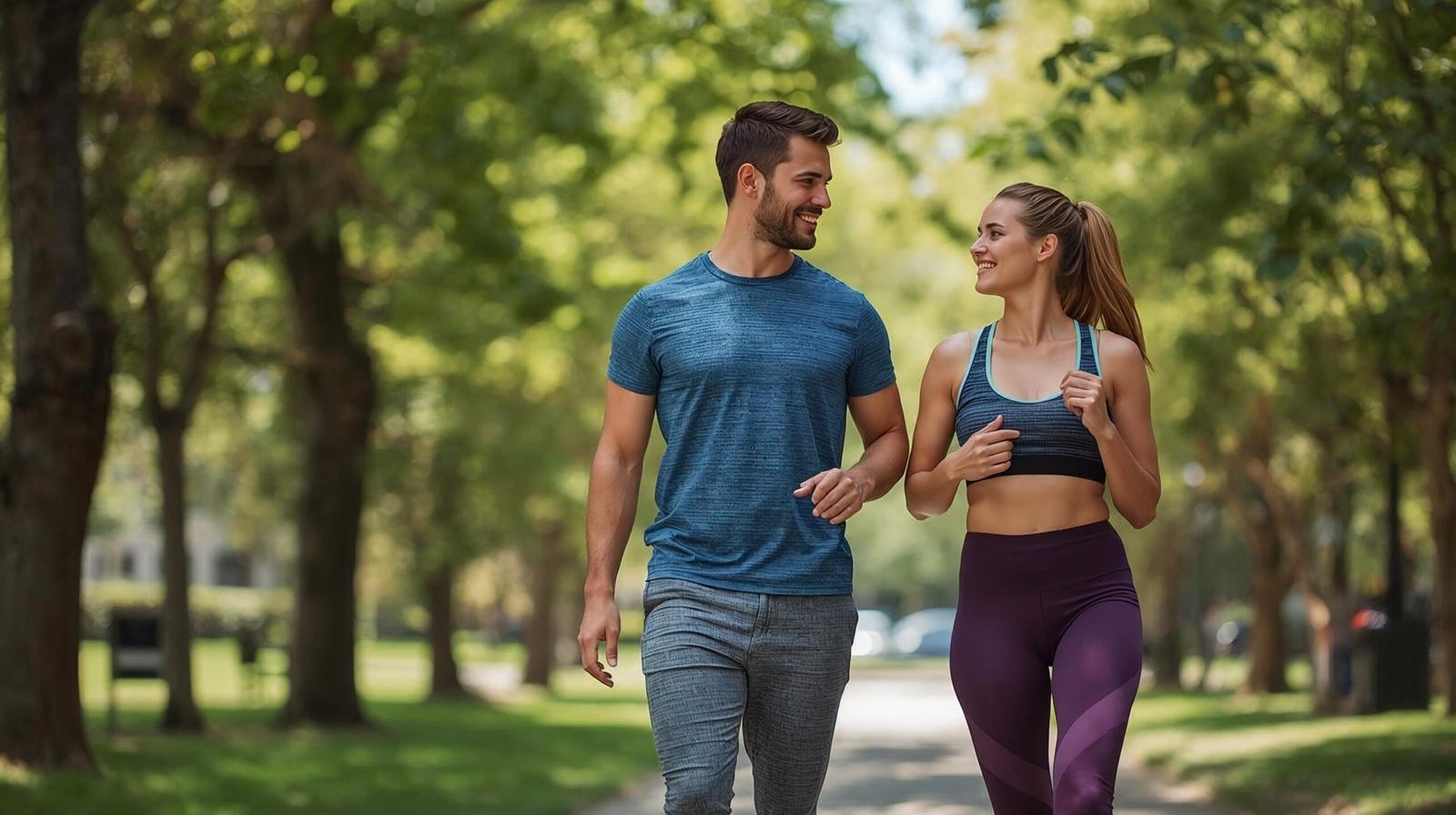 Friends walking in park as part of daily fitness routine to burn calories naturally.