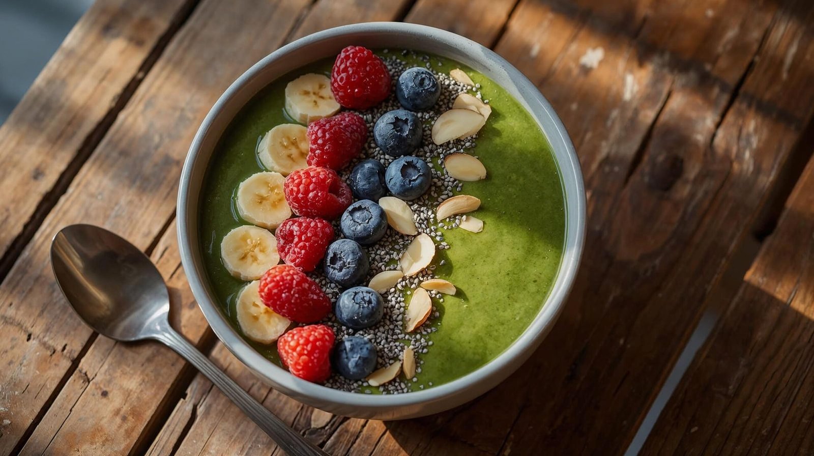 “Green smoothie bowl made with spinach, banana, and almond milk, topped with berries and chia seeds — nutritious breakfast bowl.”