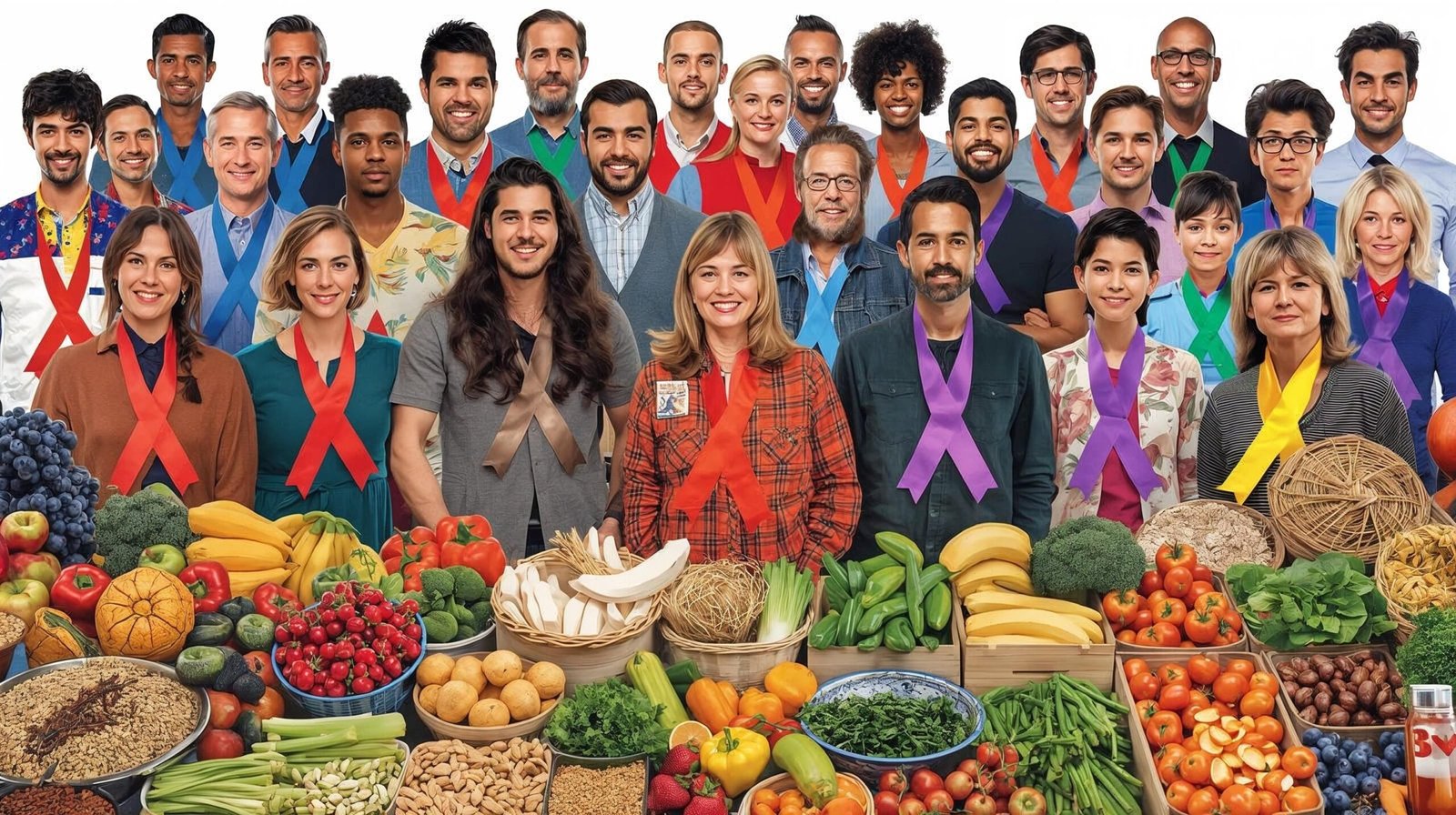 Group of people with cancer awareness ribbons, healthy foods, and no smoking or alcohol symbols.