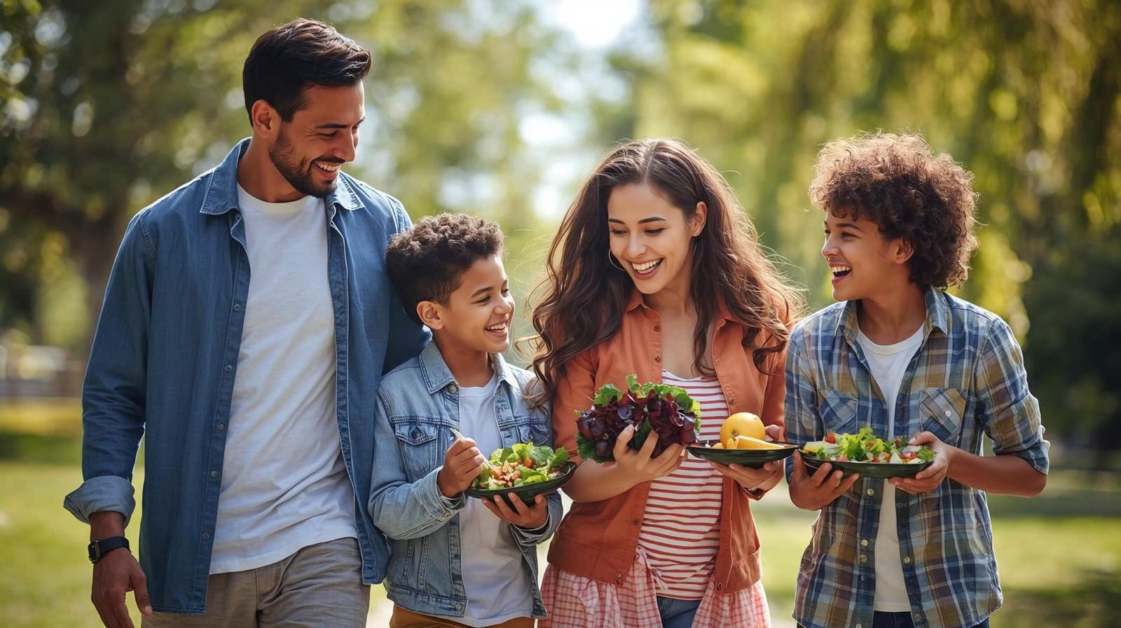 Happy diverse family walking outdoors, eating salad, smiling, and showing various healthy habits.