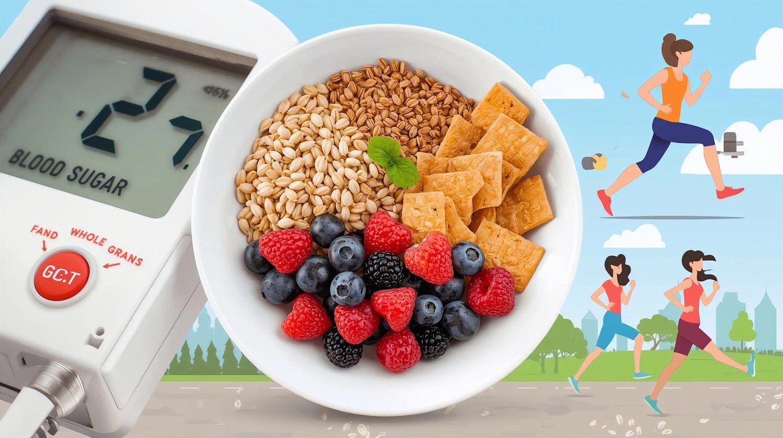 Infographic with blood sugar meter, plate of whole grains, berries, and people jogging