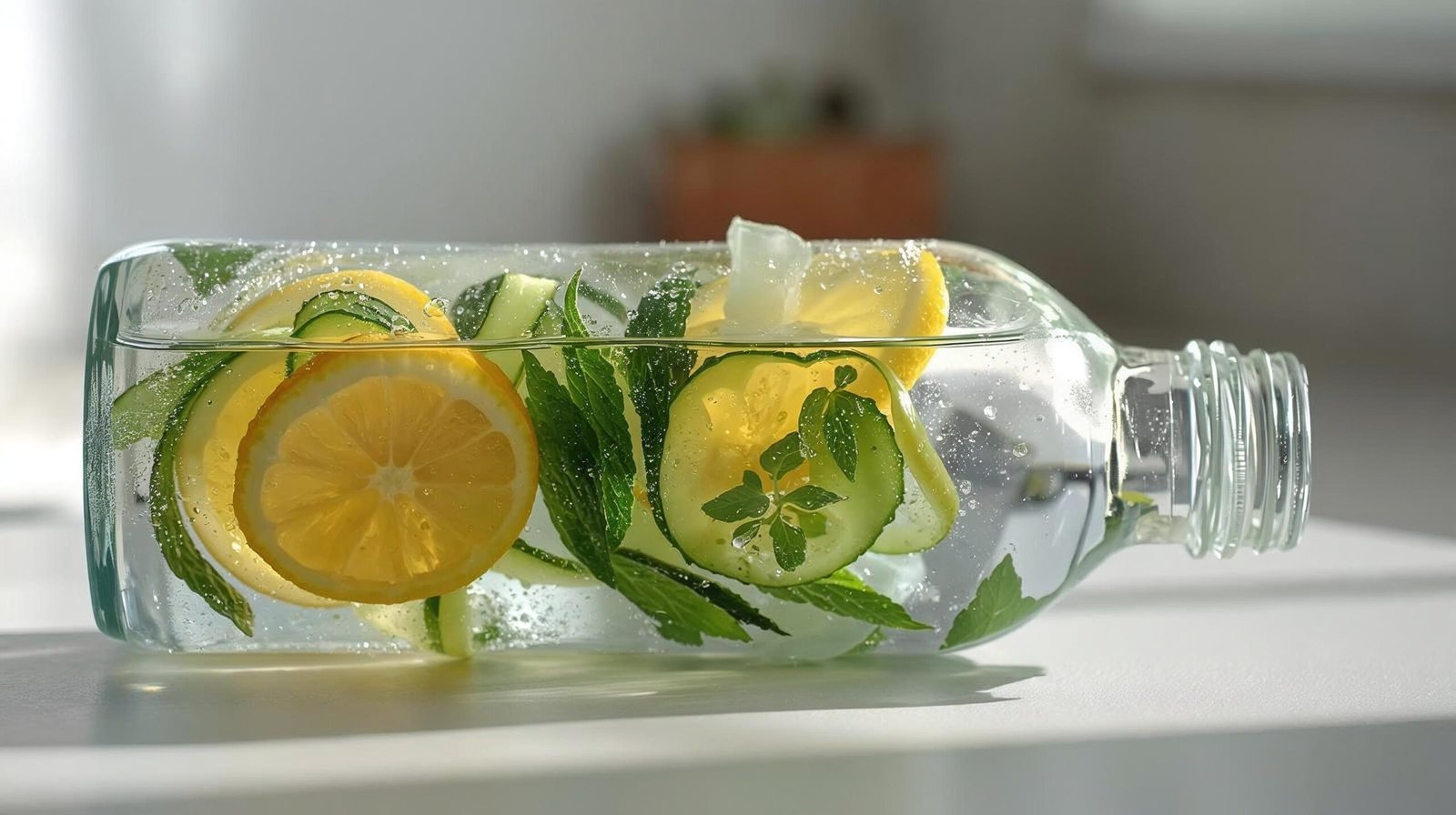 Infused water with lemon and cucumber as a healthy soda alternative.