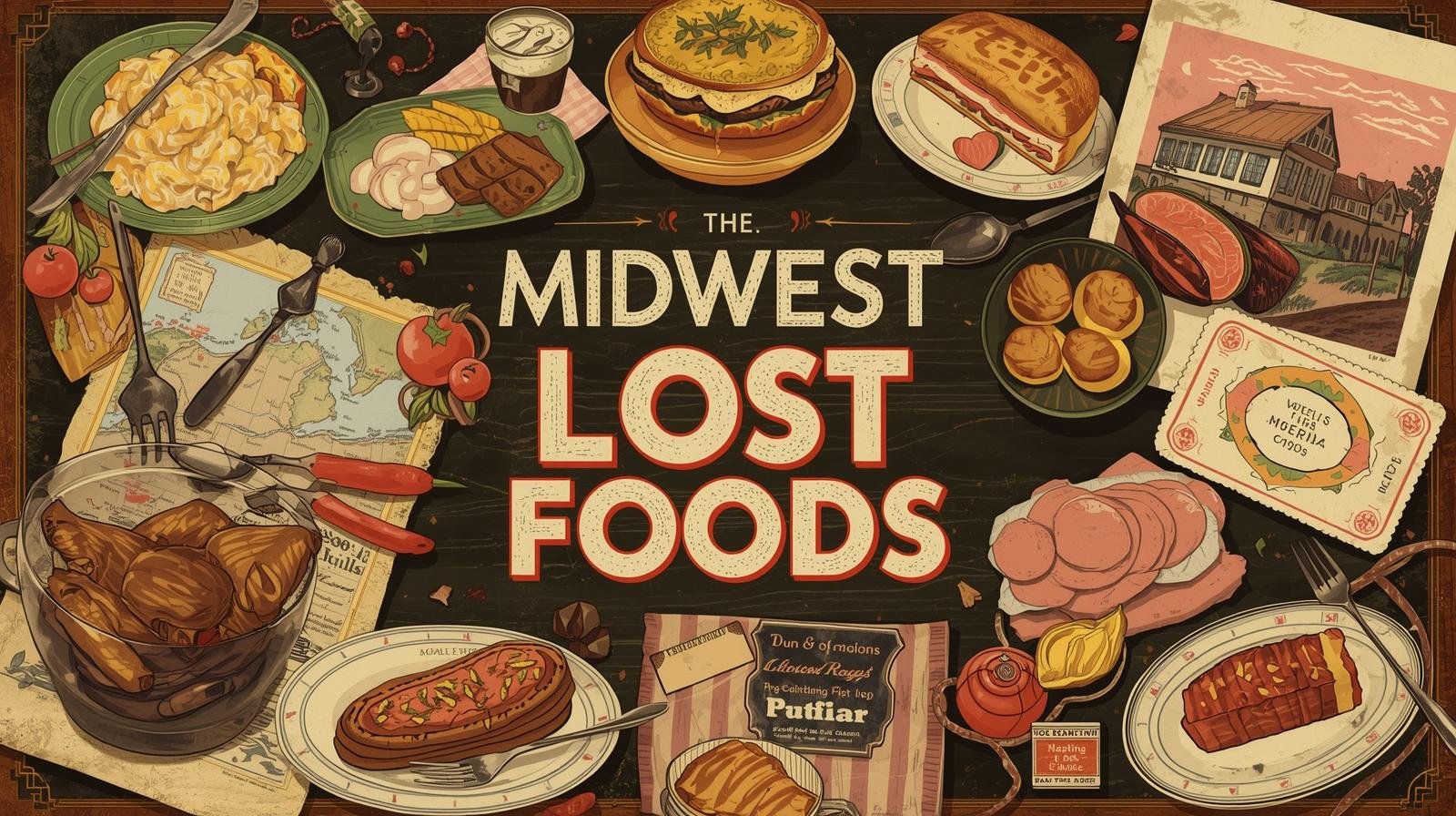  Celebrating Midwest America’s lost regional foods. Feature artistic or rustic illustrations of iconic dishes such as Ham Salad Sandwiches, Liver and Onions, Jell-O Salad, Chicken à la King, Tuna Noo.
