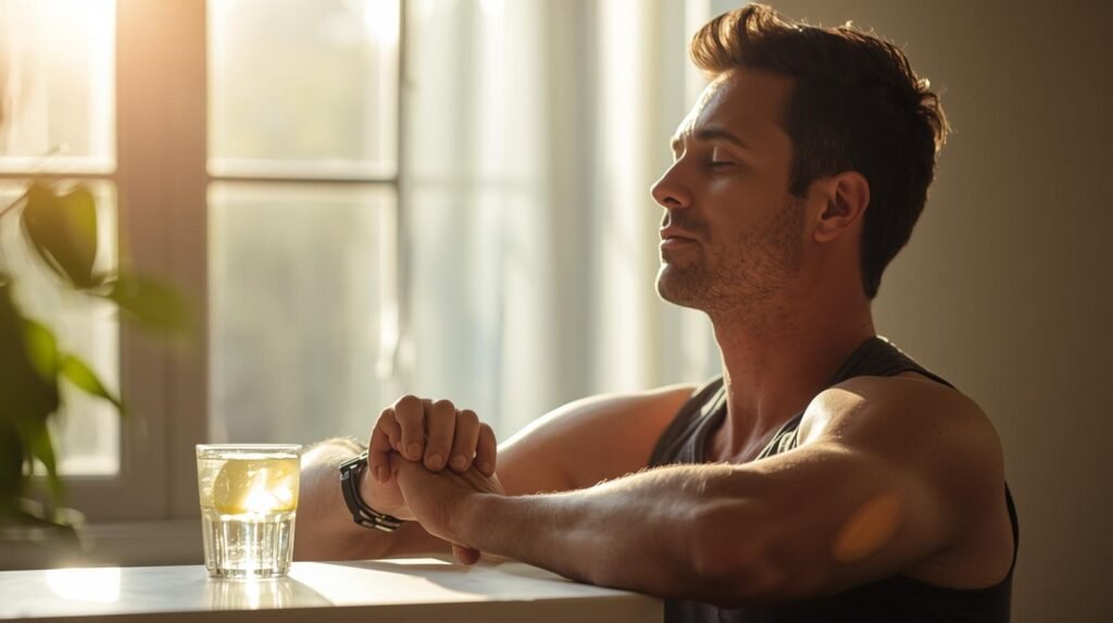 Morning light streaming through a window, a glass of lemon water, and someone stretching or meditating.