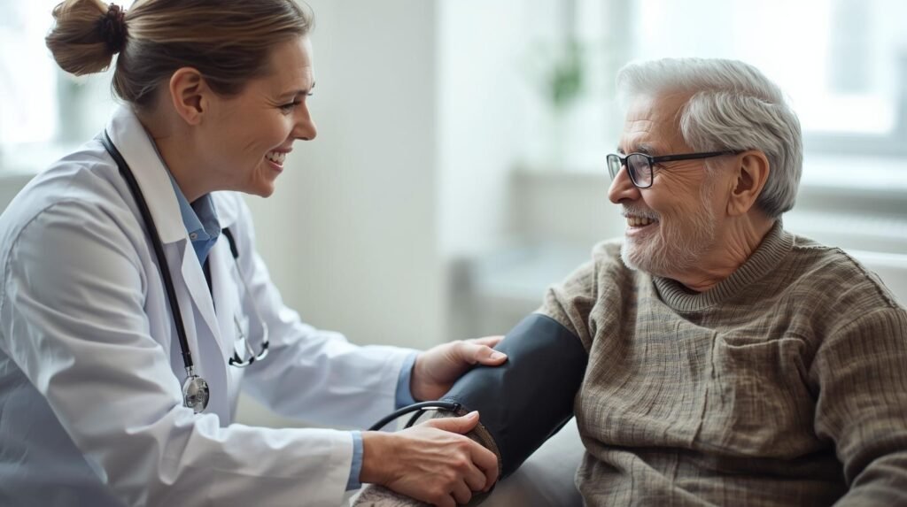 Doctor checking blood pressure for preventive health care in aging
