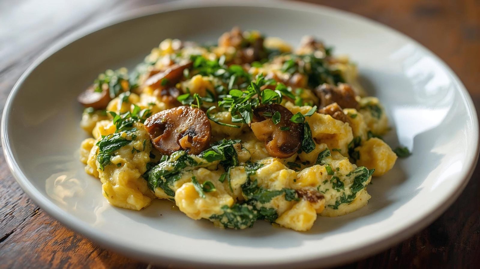 “Scrambled eggs with sautéed spinach and mushrooms in olive oil — healthy high-protein breakfast idea.”