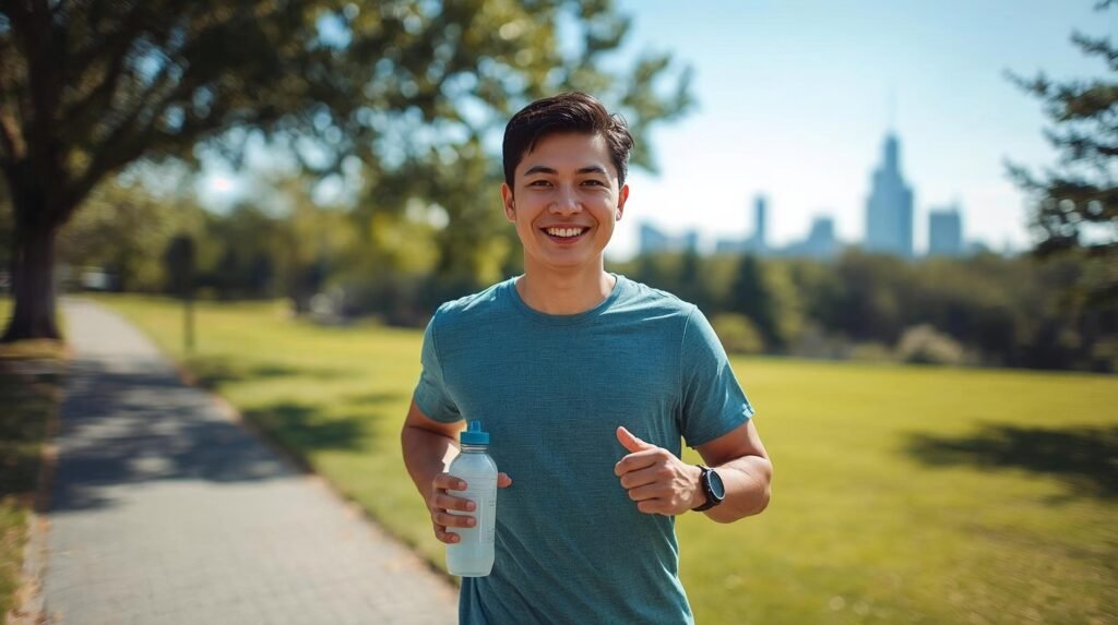 Smiling American adult walking outdoors with water bottle, representing healthy weight loss without dieting or gym.