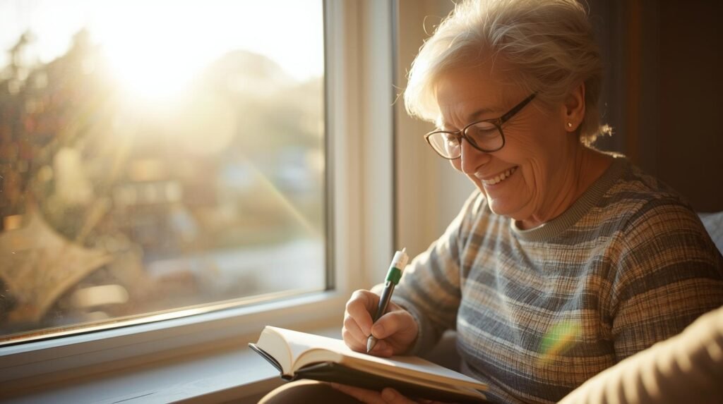 Smiling senior writing in gratitude journal for positive mindset
