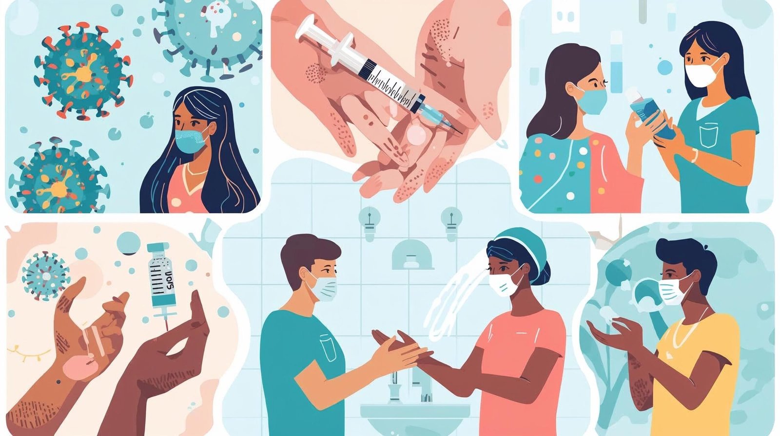 Virus particles, vaccine syringe, handwashing, mask, and people practicing hygiene.