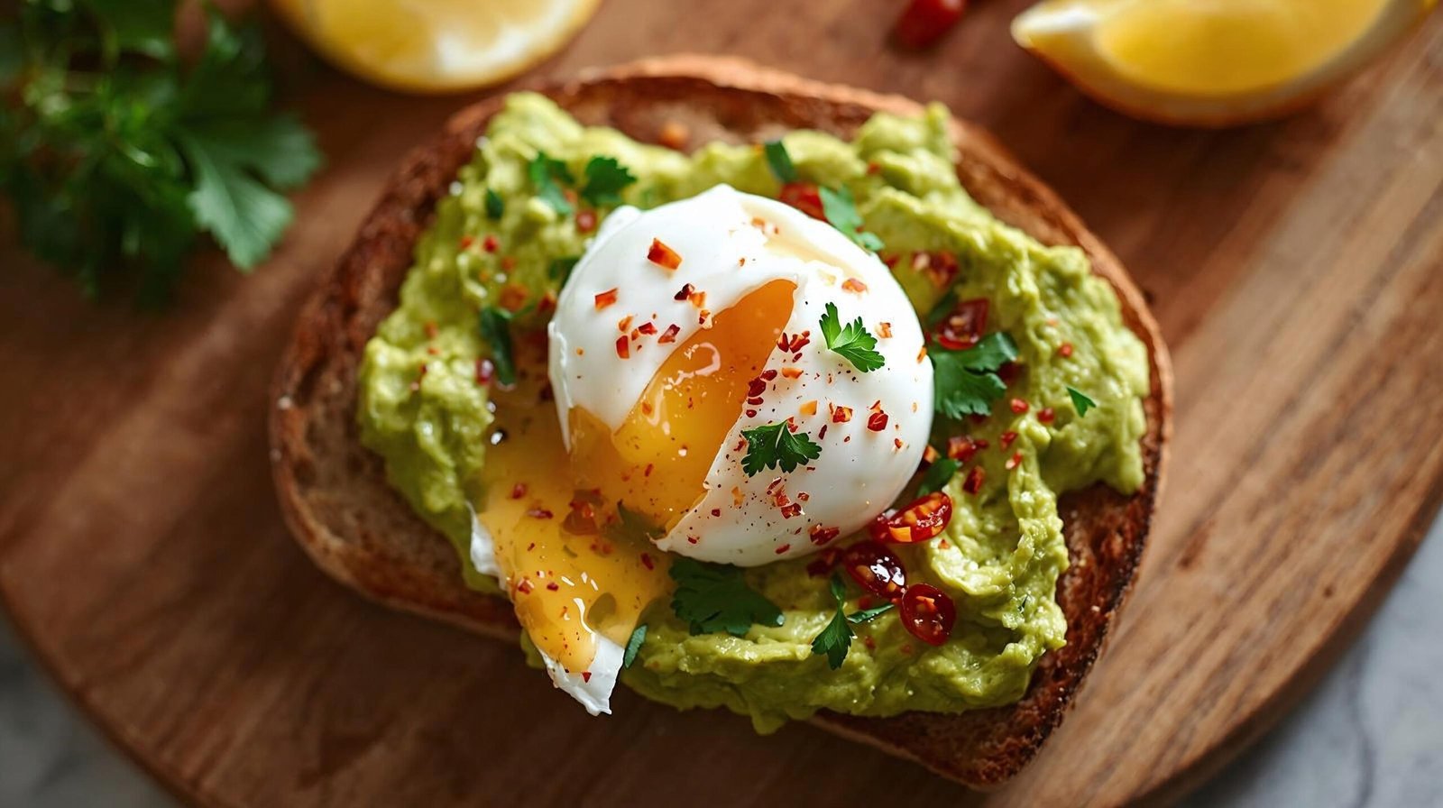 “Whole-grain toast topped with mashed avocado and poached egg, sprinkled with chili flakes — heart-healthy breakfast.”