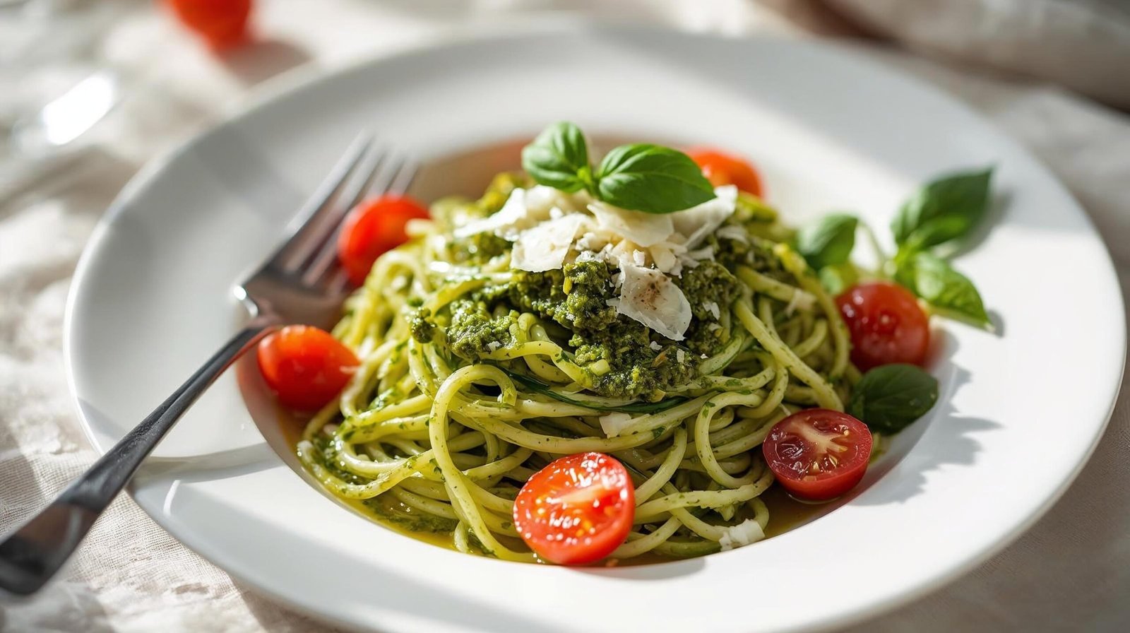 “Zucchini noodles tossed in green pesto with cherry tomatoes and basil — light, low-carb pasta alternative.”