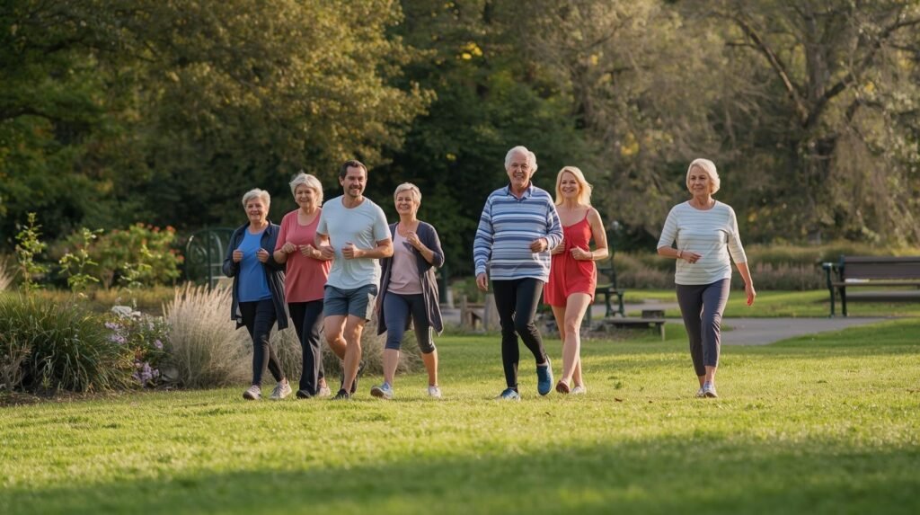 Active seniors doing morning yoga for healthy aging and flexibility
