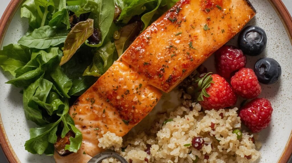 Healthy balanced meal with salmon, greens, and quinoa for anti-aging nutrition
